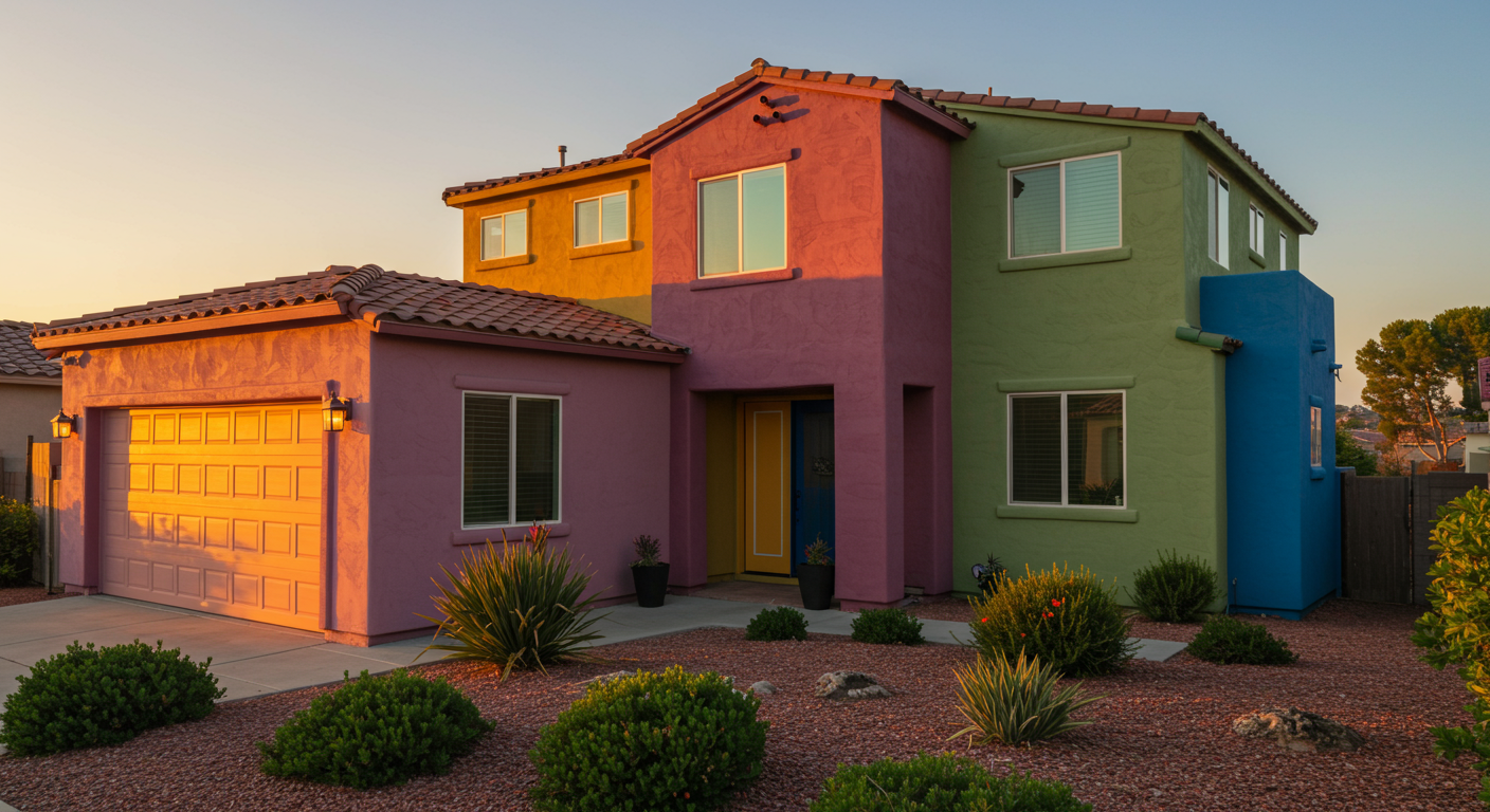 A beautifully transformed exterior of a house in San Diego, showcasing a vibrant color scheme with landscaping in the foreground.