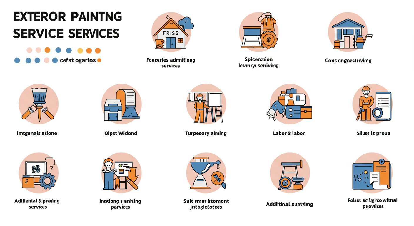 An infographic-style image that visually represents the cost breakdown of exterior painting services. Elements include icons for materials, labor, and additional services, arranged in a clean and organized layout.
