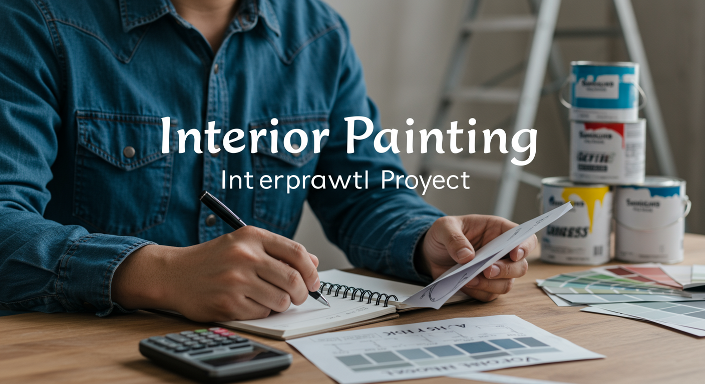 A homeowner sitting at a table with a notepad, calculating costs and planning their interior painting project. The background includes paint cans and color samples, emphasizing the planning aspect.