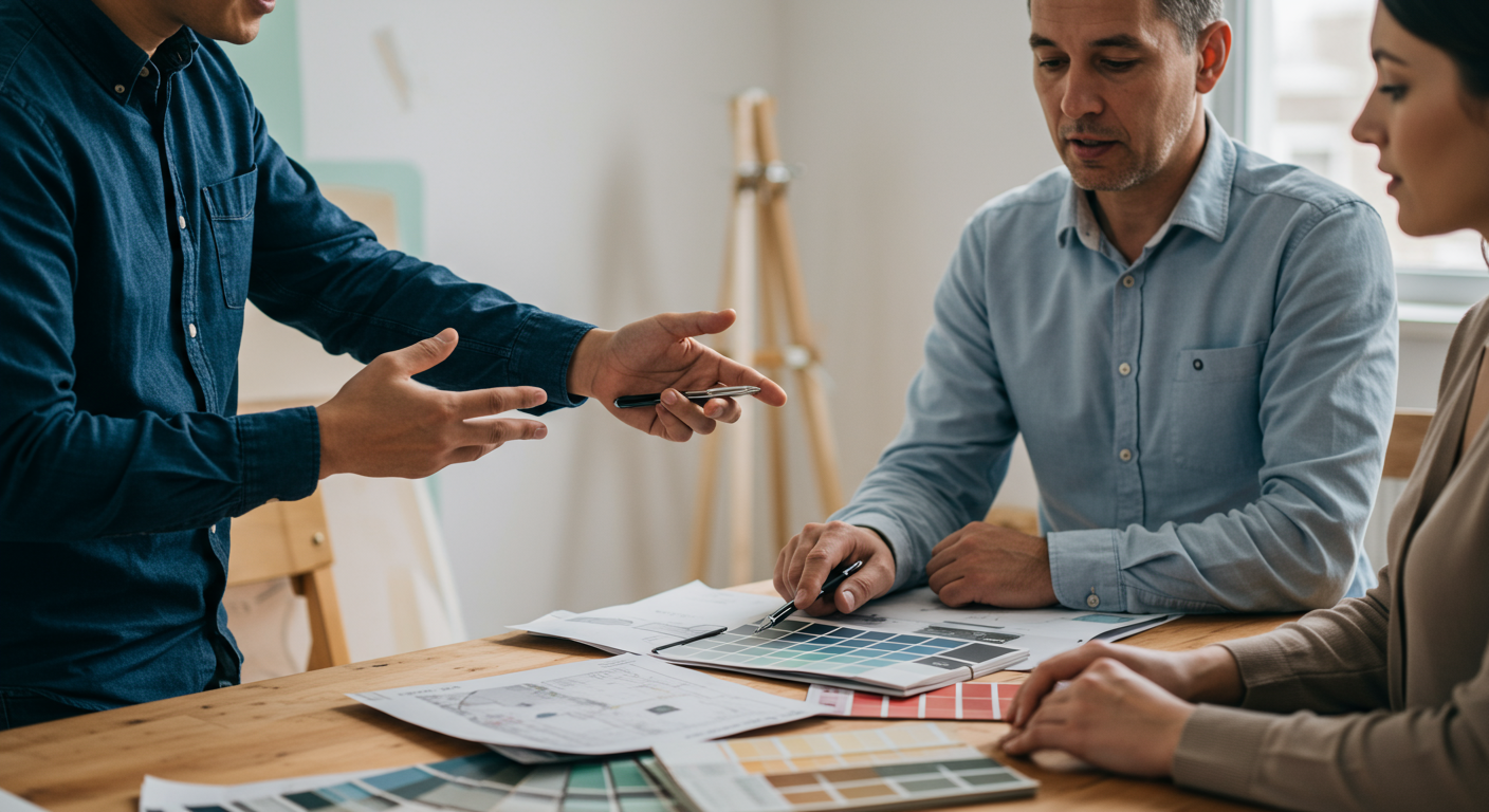 A professional painter discussing a project with a homeowner, pointing at a color palette. The setting is a well-lit room with paint samples on the table, showcasing a collaborative atmosphere.