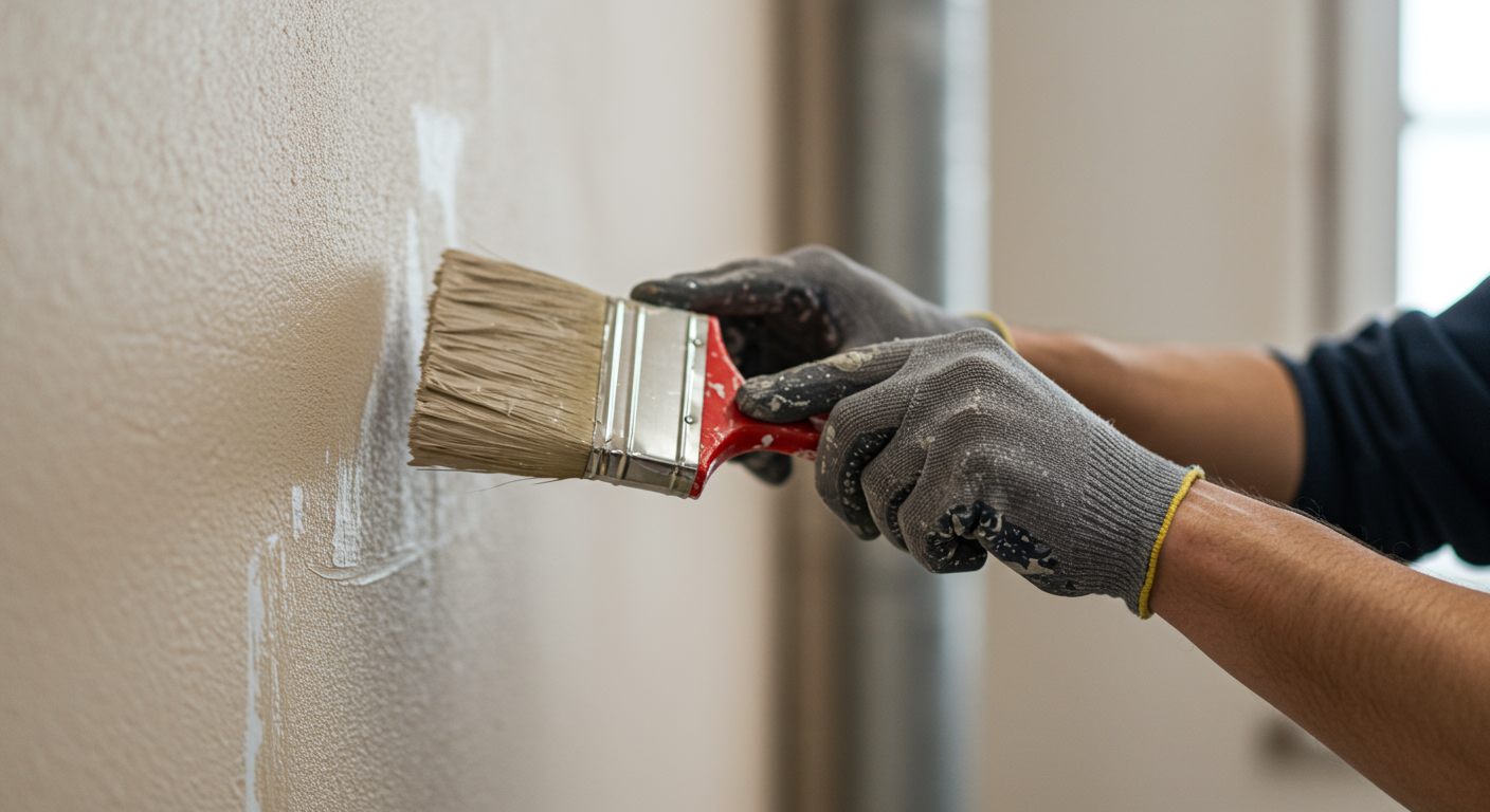 A close-up of a painter's hands skillfully applying paint to a wall, with a focus on the texture and quality of the paint.
