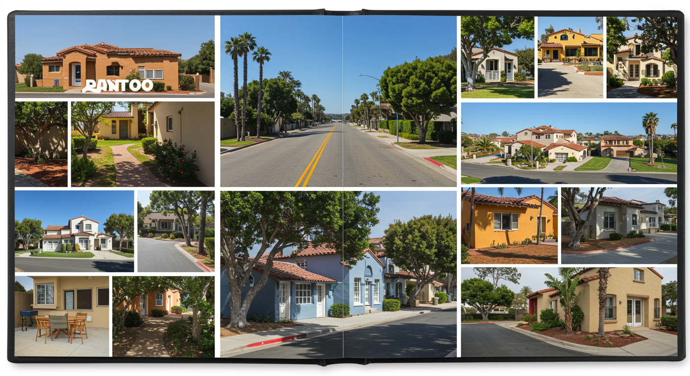 An open portfolio showcasing various painting projects completed by a professional painter, with images of residential and commercial work. The background features a sunny San Diego street.
