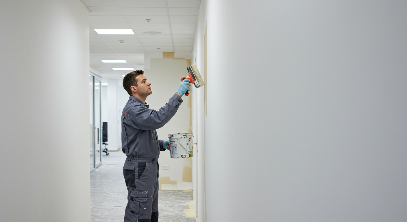 A professional painter in a smart uniform is carefully painting the interior wall of a modern office space. The painter is focused and using high-quality tools, showcasing the attention to detail.
