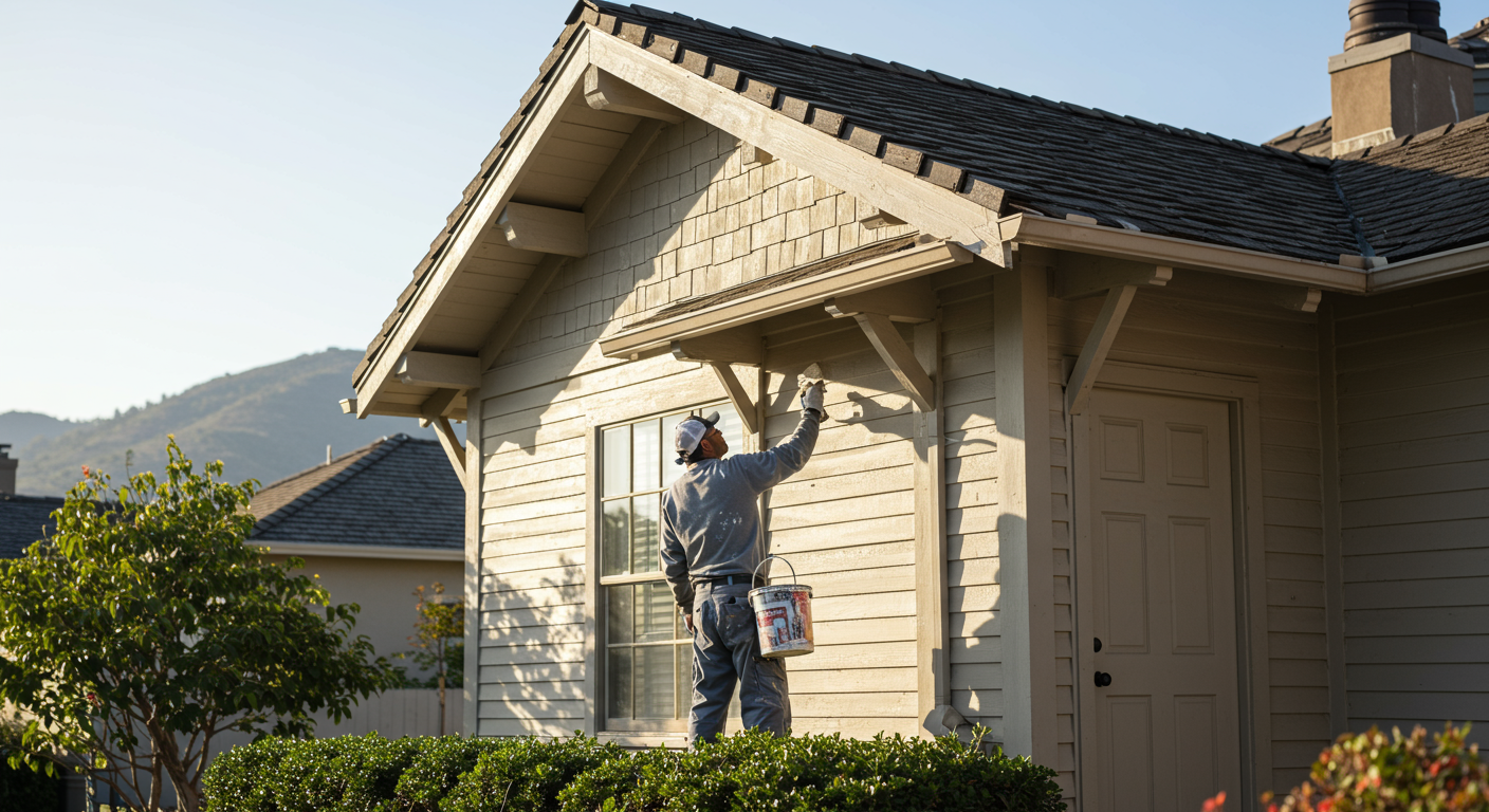 A professional painter in San Diego, wearing a uniform, is carefully painting the exterior of a charming, sunlit home. The scene captures the painter in action, showcasing attention to detail.