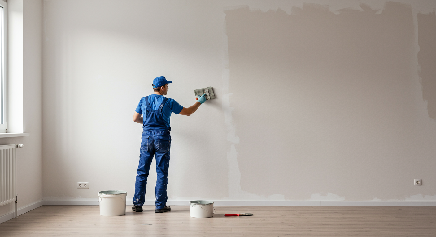 A professional painter carefully applying a fresh coat of paint to a living room wall, showcasing vibrant colors and a clean workspace.