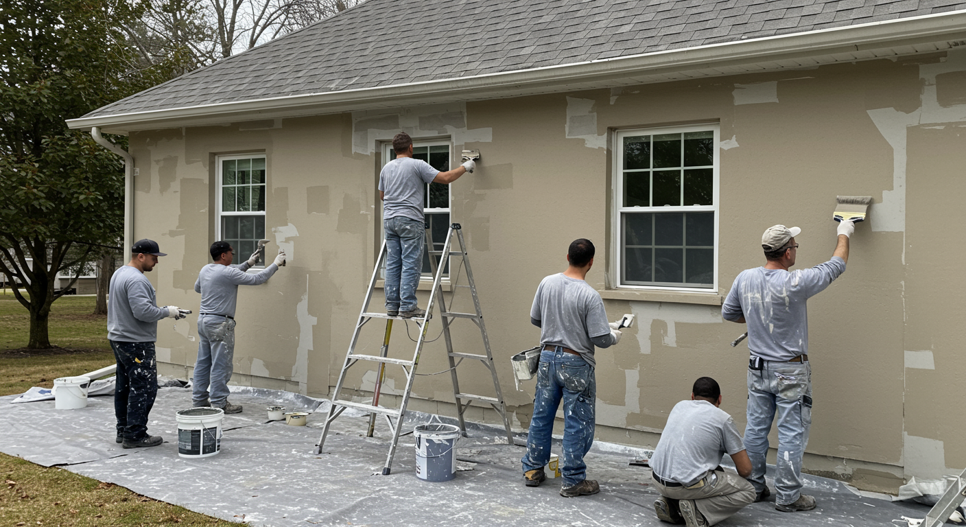 A team of professional painters actively working on a residential home, applying fresh paint to the exterior walls.