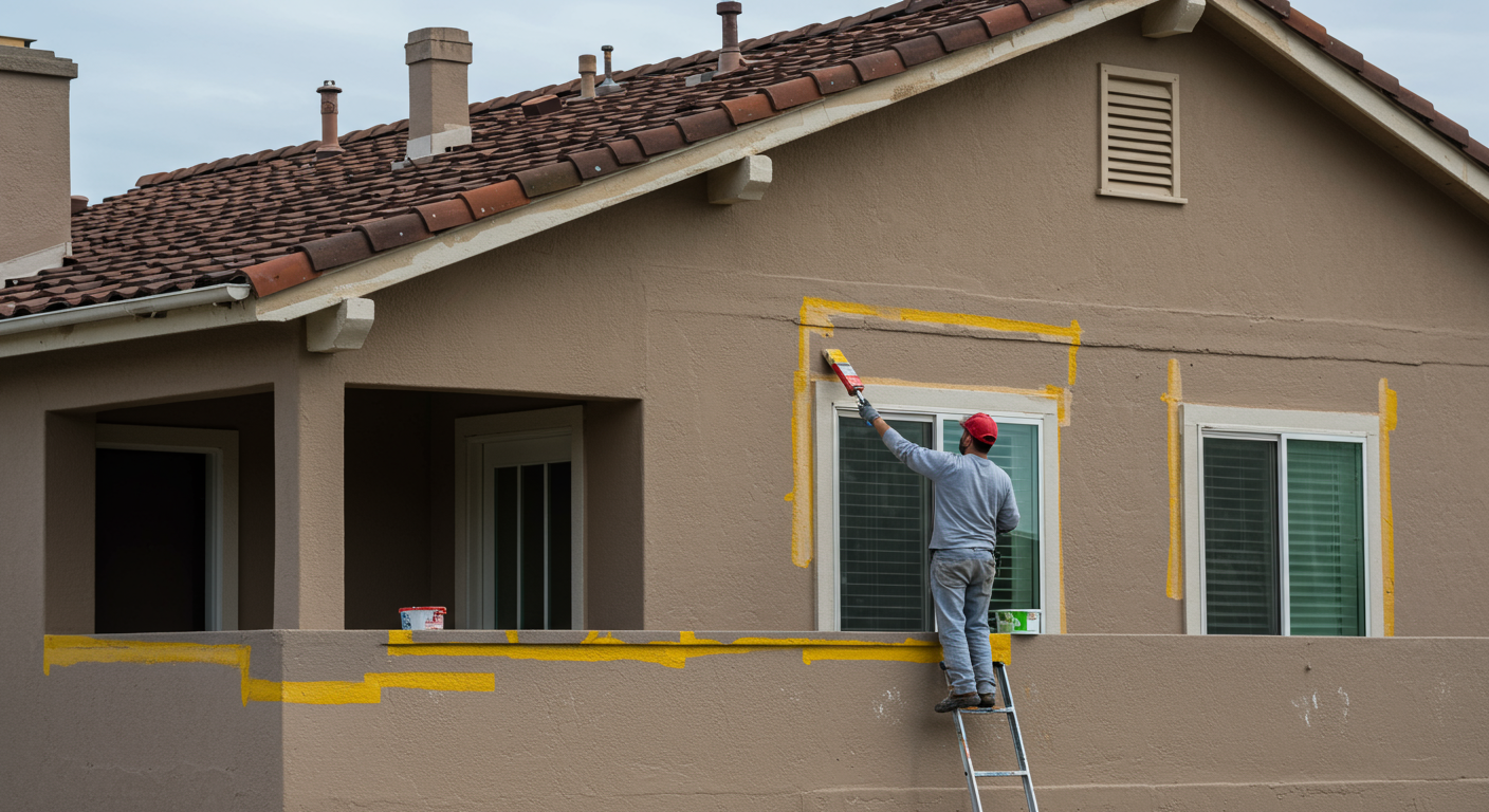 A professional painter carefully applying a fresh coat of paint to the exterior of a charming San Diego home, showcasing vibrant colors and attention to detail.