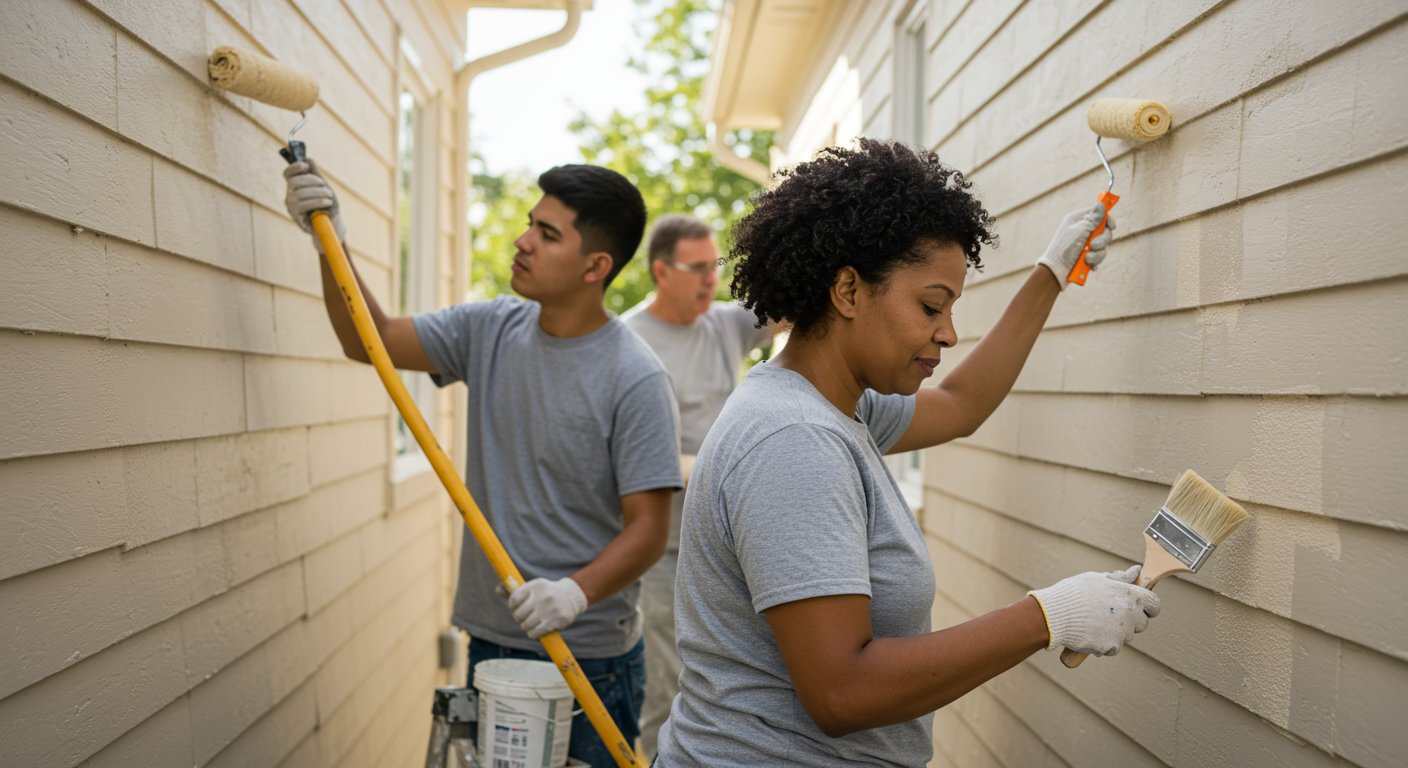 A group of diverse painting subcontractors working together on a residential home, showcasing teamwork and collaboration.