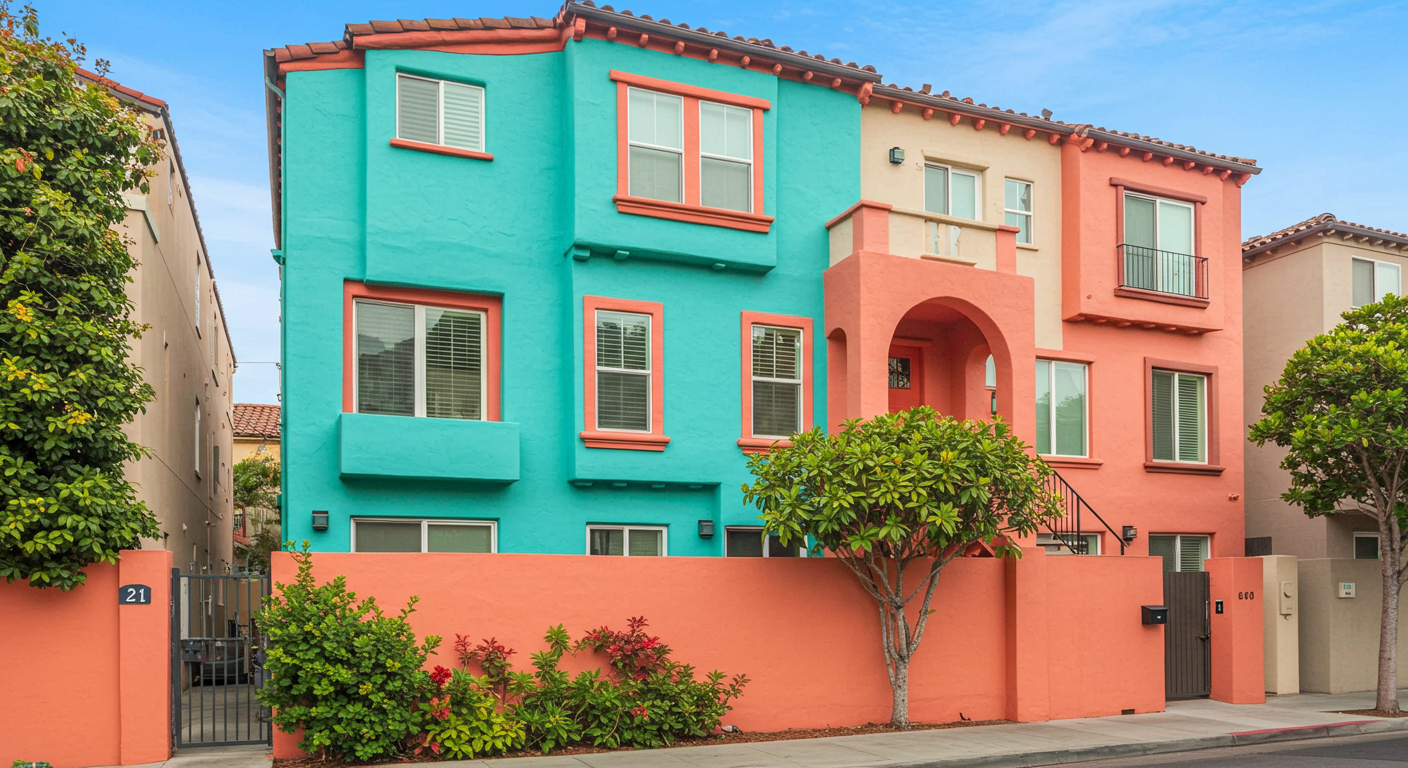 A beautifully painted townhouse with a vibrant color palette, including shades of teal and coral. The image captures the entire building, surrounded by lush greenery and a sunny San Diego street.