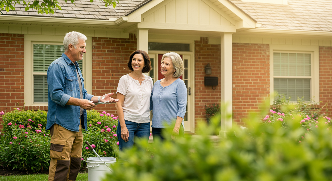 A local painter is smiling and discussing paint options with happy homeowners in front of their freshly painted home.