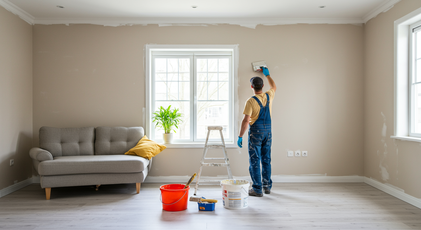 A professional house painter applying a fresh coat of paint to a living room wall, showcasing vibrant colors and a well-organized workspace.