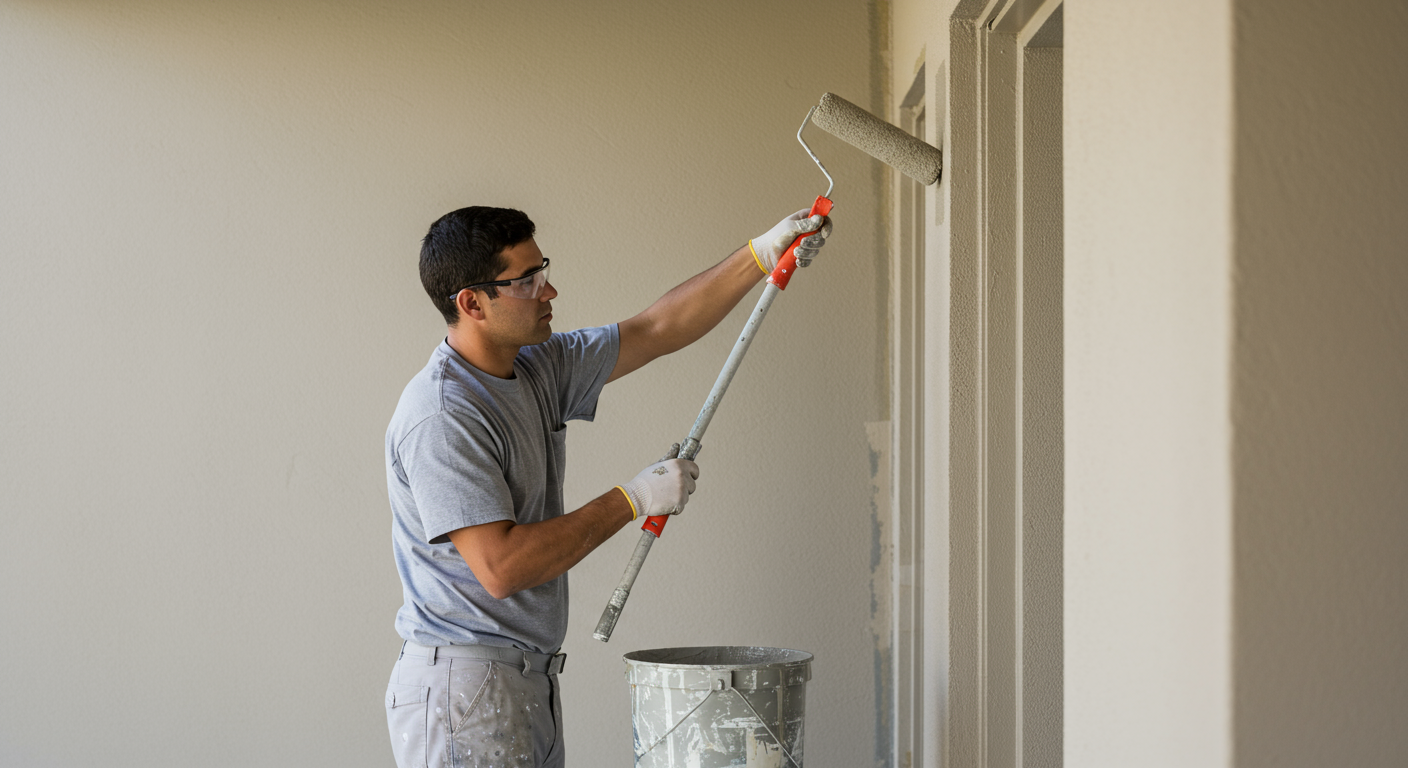 A professional painter in a clean uniform applying fresh paint to the exterior of a modern San Diego home. The painter is focused and using a roller, showcasing skill and professionalism.