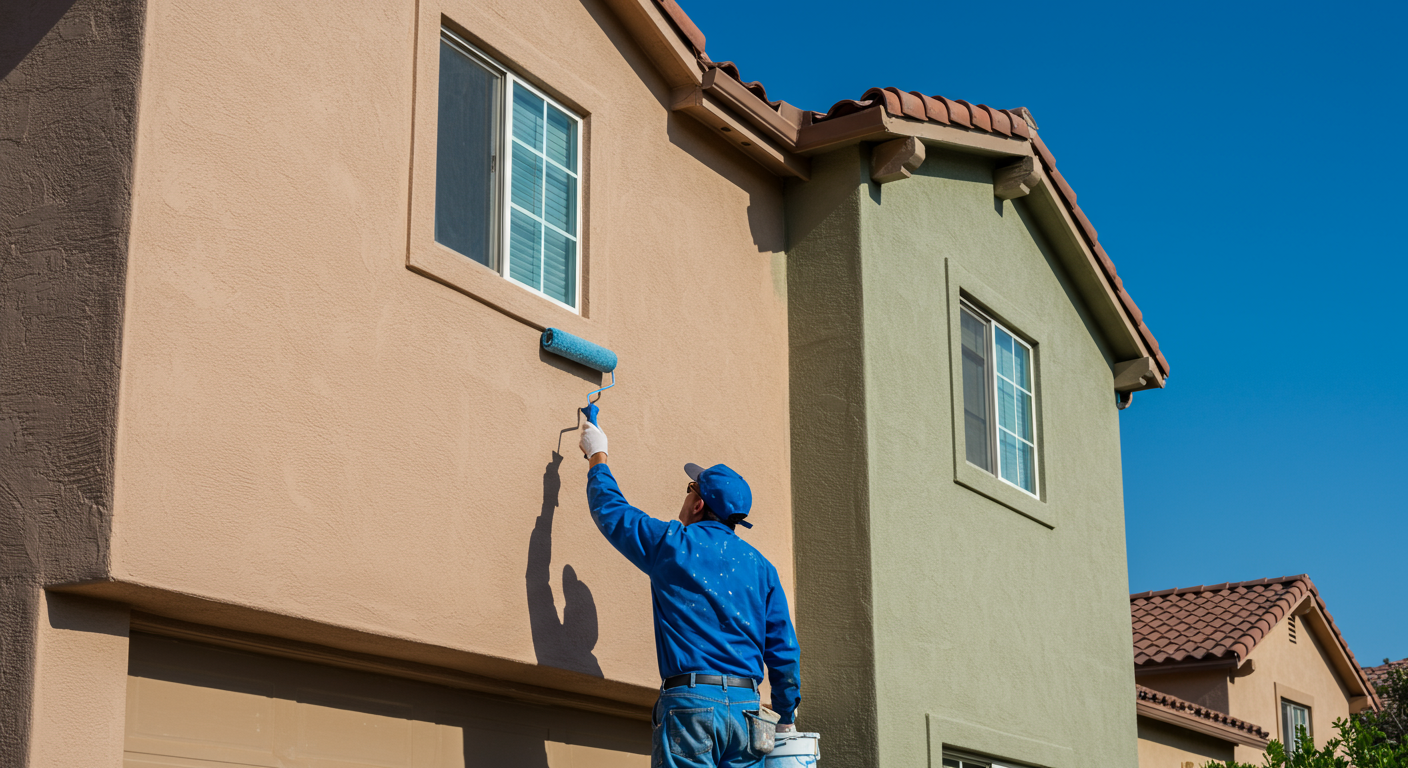 A skilled painter in a blue uniform carefully painting the exterior of a beautiful San Diego home. The painter is using a high-quality roller brush, and the vibrant colors of the house contrast with the clear blue sky.